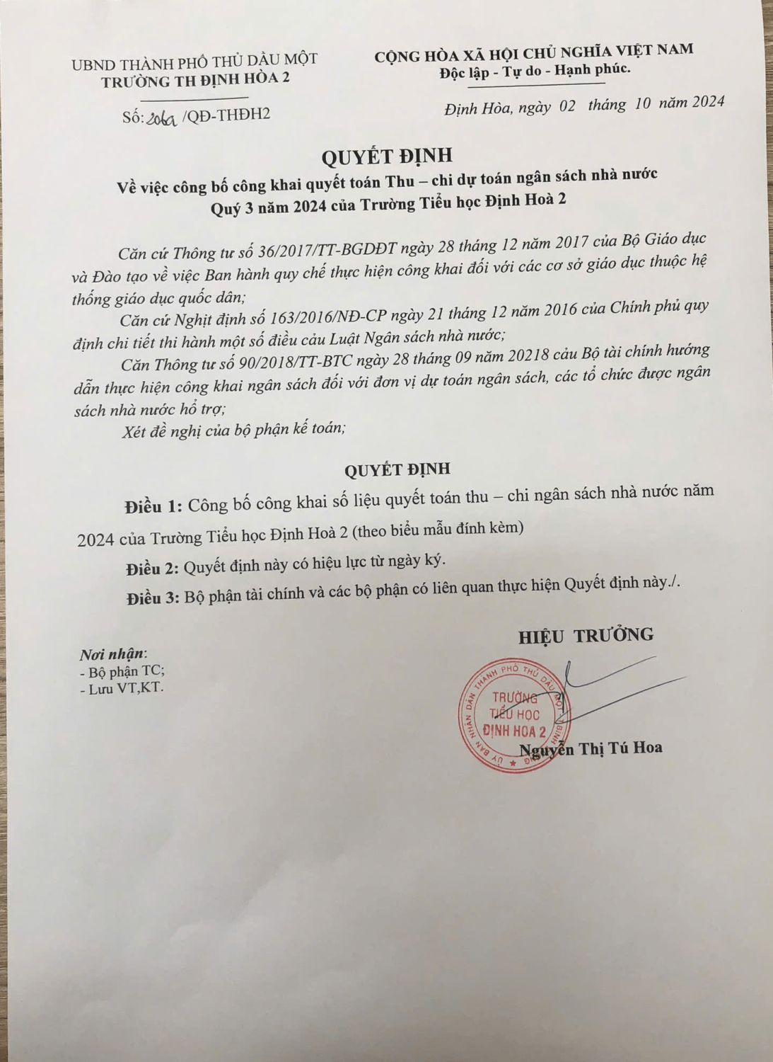 Công khai quyết toán thu chi quí 3/2024