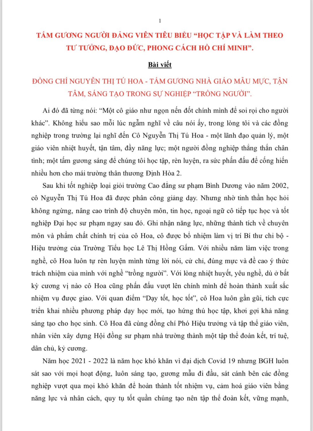 Tấm gương Đảng viên tiêu biểu " học tập và làm theo tư tưởng, đạo đức, phong cách Hồ Chí Minh