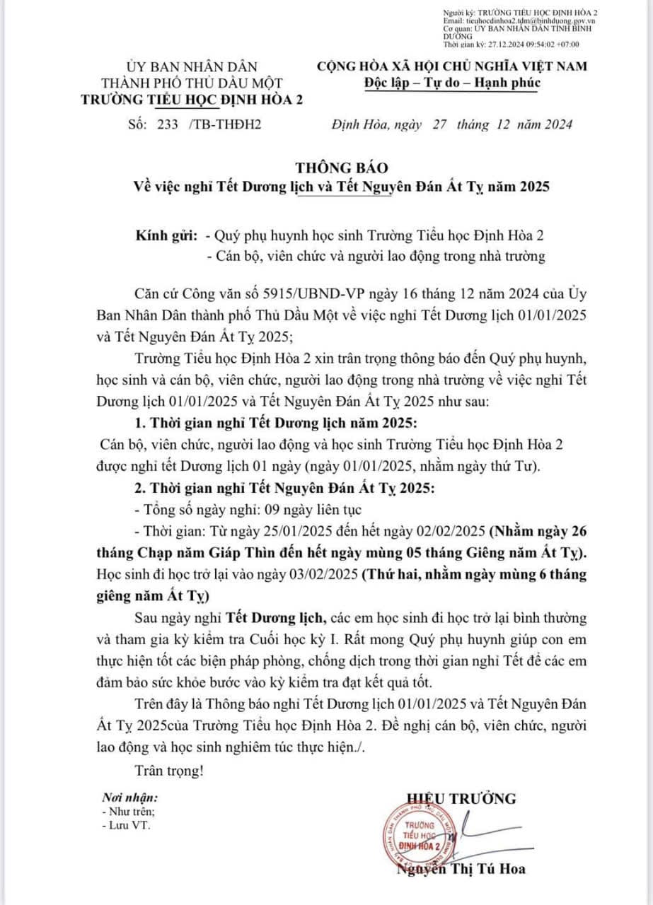 THÔNG BÁO NGHỈ TẾT DƯƠNG LỊCH VÀ NGHỈ TẾT NGUYÊN ĐÁN ẤT TỴ NĂM 2025