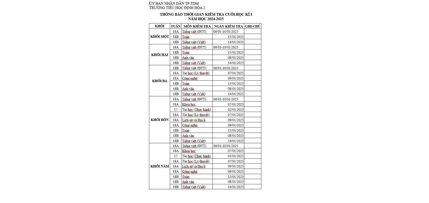 LỊCH THI HK 1 NĂM HỌC 2024 - 2025